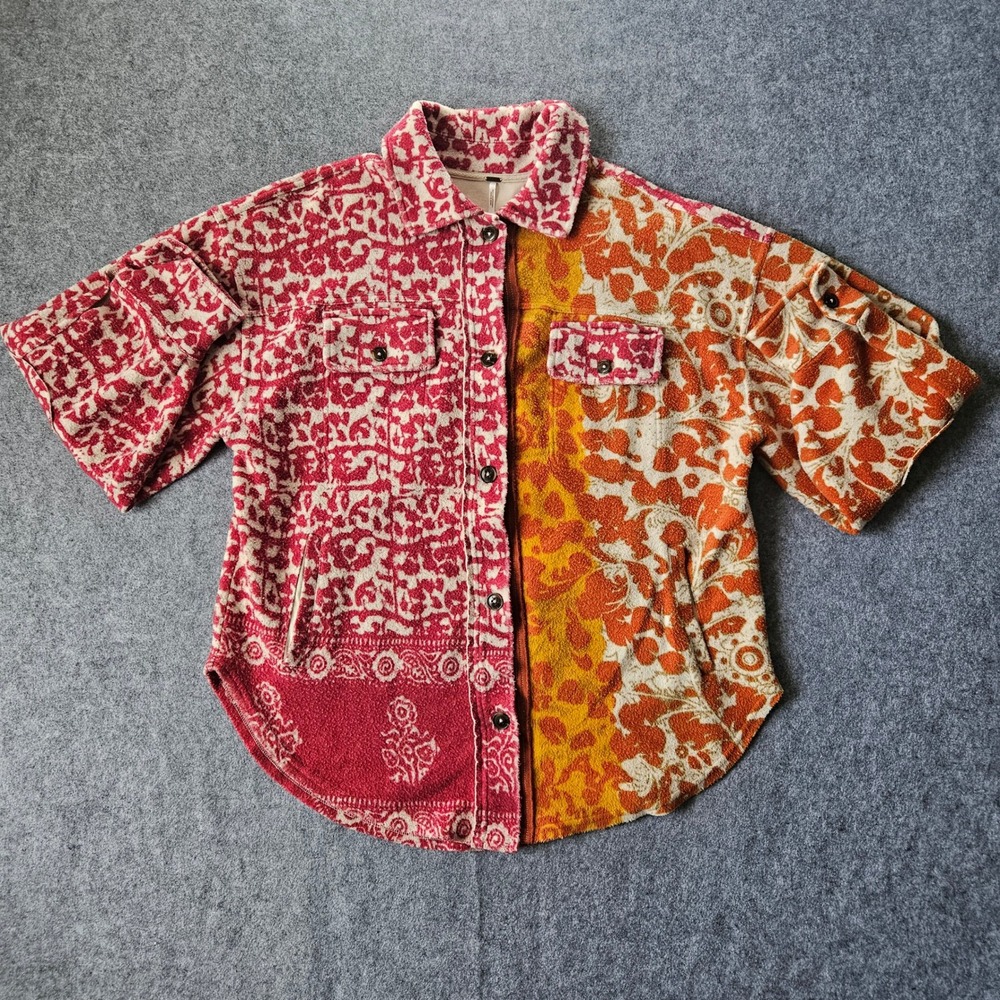 Free People Ruby Jacket Mixed Print Fleece Shacket Red Orange XS - Picture 2 of 9